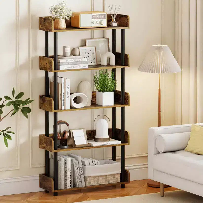 Costway Étagère 5 Niveaux 1/2 PCS, Bibliothèque Ouverte avec Kit Anti-Basculement, Meuble de Rangement pour Salon Noir/Brun Rustique et Noir
