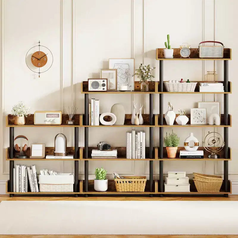 Costway Étagère 5 Niveaux 1/2 PCS, Bibliothèque Ouverte avec Kit Anti-Basculement, Meuble de Rangement pour Salon Noir/Brun Rustique et Noir