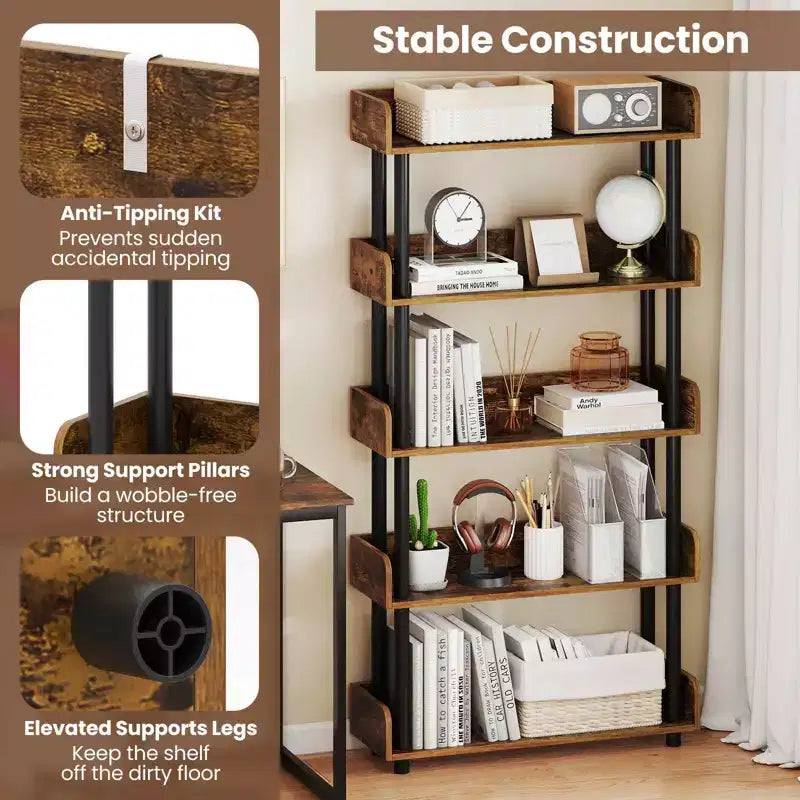 Costway Étagère 5 Niveaux 1/2 PCS, Bibliothèque Ouverte avec Kit Anti-Basculement, Meuble de Rangement pour Salon Noir/Brun Rustique et Noir