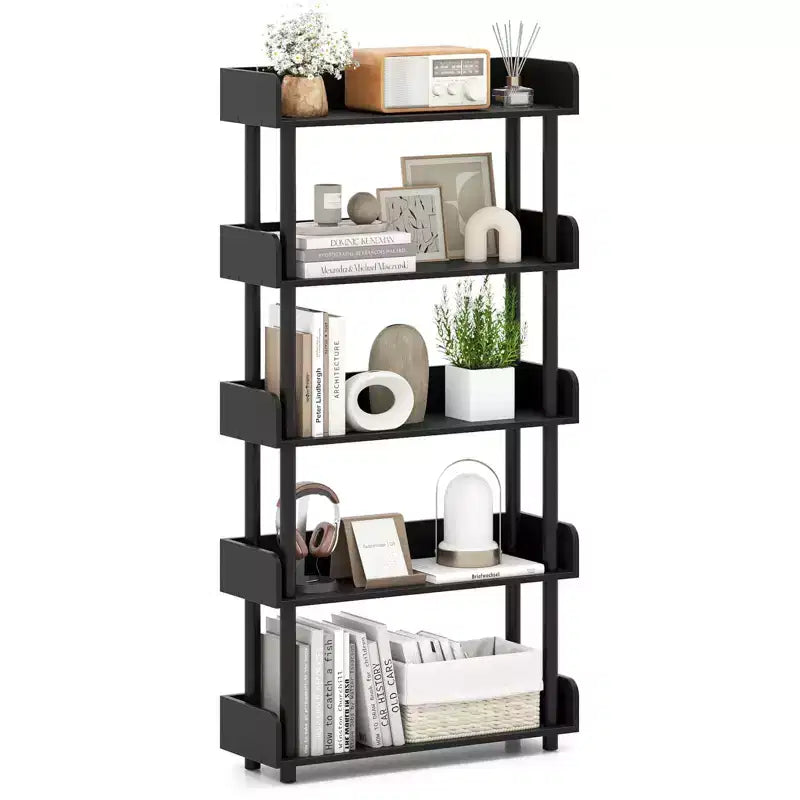 Costway Étagère 5 Niveaux 1/2 PCS, Bibliothèque Ouverte avec Kit Anti-Basculement, Meuble de Rangement pour Salon Noir/Brun Rustique et Noir