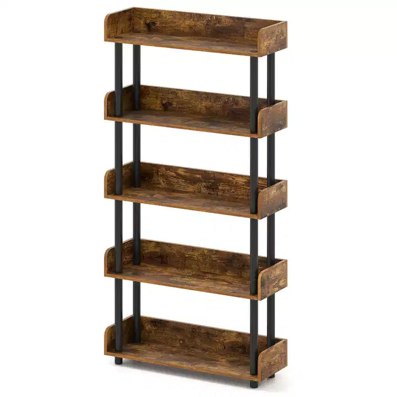 Costway Étagère 5 Niveaux 1/2 PCS, Bibliothèque Ouverte avec Kit Anti-Basculement, Meuble de Rangement pour Salon Noir/Brun Rustique et Noir