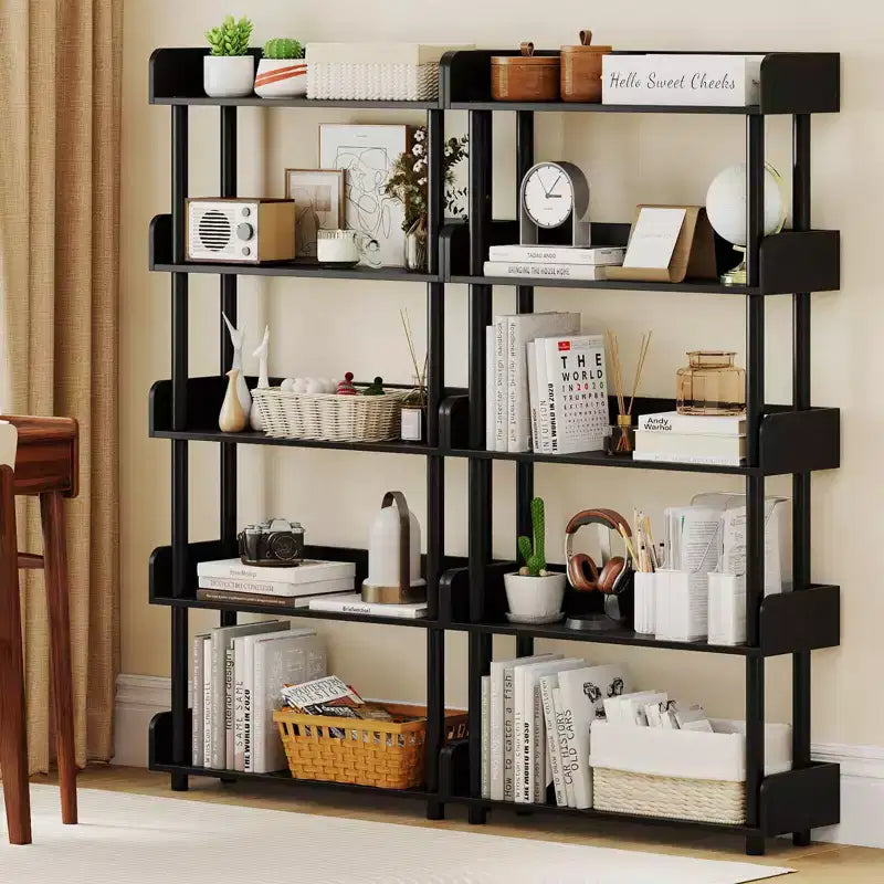 Costway Étagère 5 Niveaux 1/2 PCS, Bibliothèque Ouverte avec Kit Anti-Basculement, Meuble de Rangement pour Salon Noir/Brun Rustique et Noir