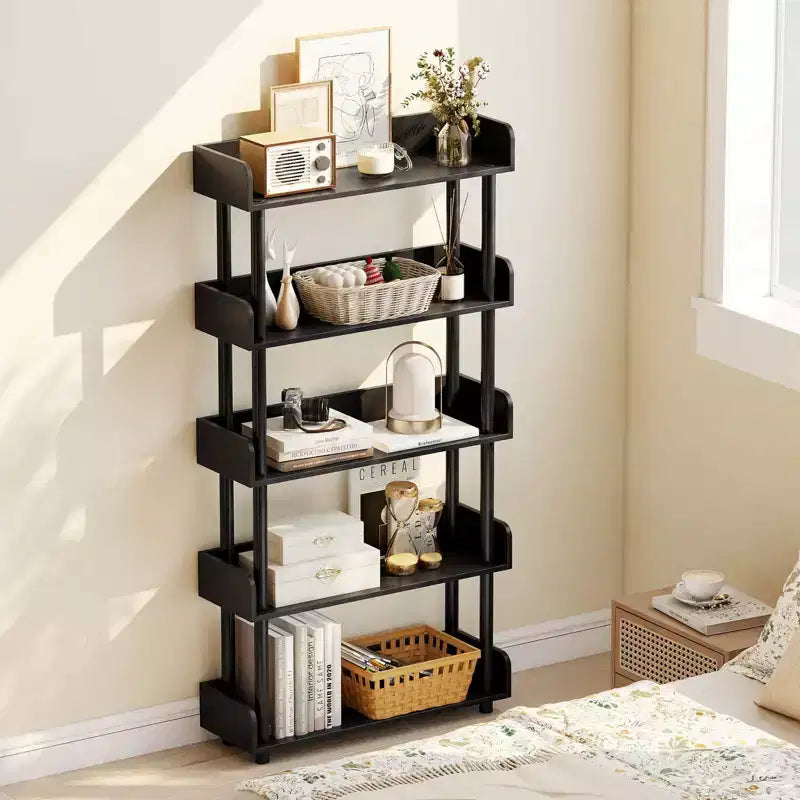 Costway Étagère 5 Niveaux 1/2 PCS, Bibliothèque Ouverte avec Kit Anti-Basculement, Meuble de Rangement pour Salon Noir/Brun Rustique et Noir
