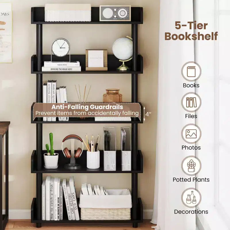 Costway Étagère 5 Niveaux 1/2 PCS, Bibliothèque Ouverte avec Kit Anti-Basculement, Meuble de Rangement pour Salon Noir/Brun Rustique et Noir