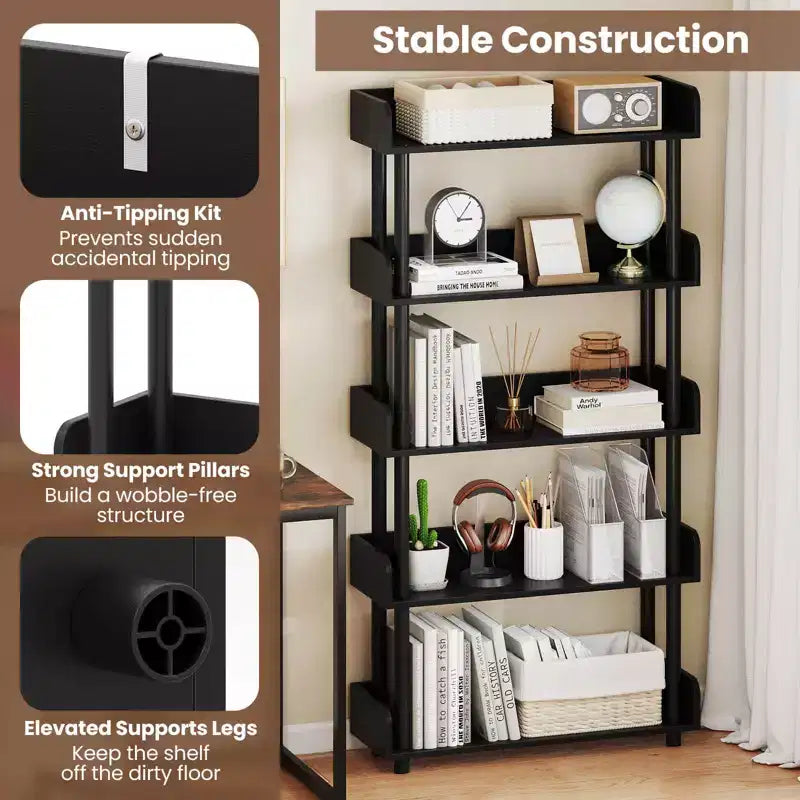 Costway Étagère 5 Niveaux 1/2 PCS, Bibliothèque Ouverte avec Kit Anti-Basculement, Meuble de Rangement pour Salon Noir/Brun Rustique et Noir