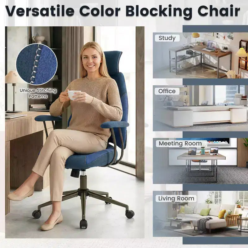 Chaise de bureau ergonomique Costway avec appui-tête 2D, dossier inclinable et roulettes, chaise de jeu bleue/marron et beige/grise et bleue