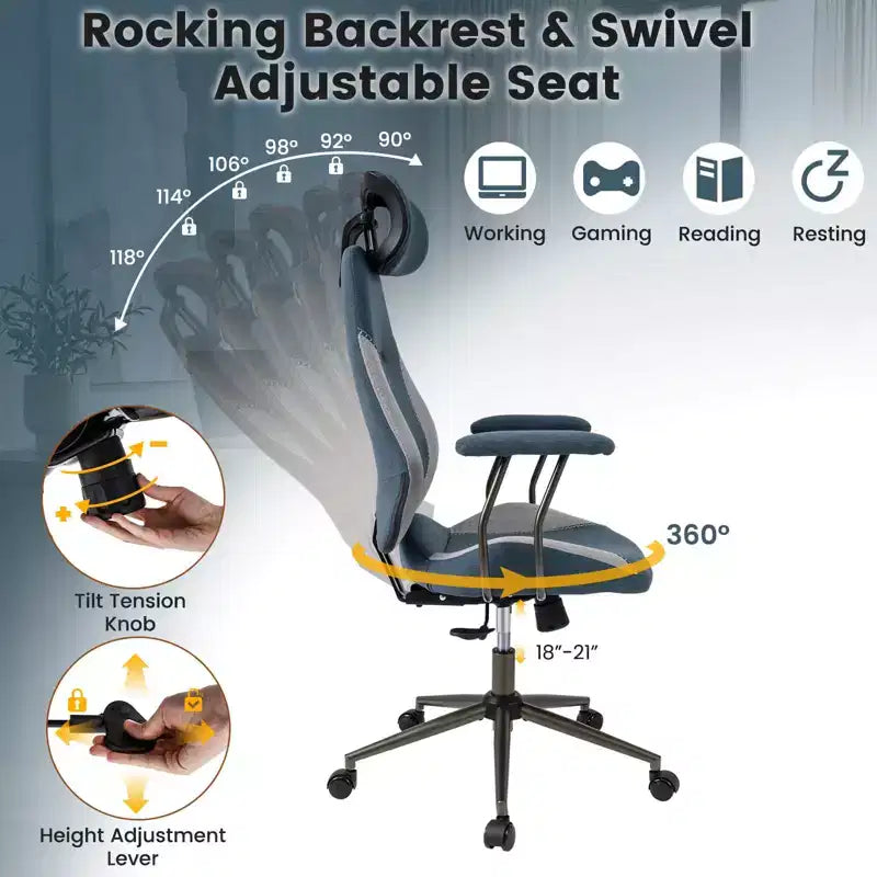 Chaise de bureau ergonomique Costway avec appui-tête 2D, dossier inclinable et roulettes, chaise de jeu bleue/marron et beige/grise et bleue