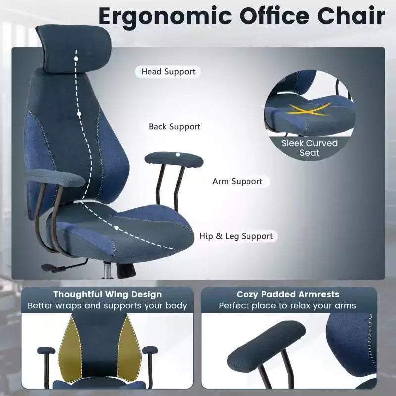 Chaise de bureau ergonomique Costway avec appui-tête 2D, dossier inclinable et roulettes, chaise de jeu bleue/marron et beige/grise et bleue