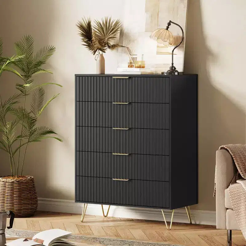 Commode cannelée à 5 tiroirs, commode moderne en bois de 81 cm de large avec poignée en métal, organisateur de rangement pour salon, chambre, couloir