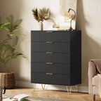 Commode cannelée à 5 tiroirs, commode moderne en bois de 81 cm de large avec poignée en métal, organisateur de rangement pour salon, chambre, couloir