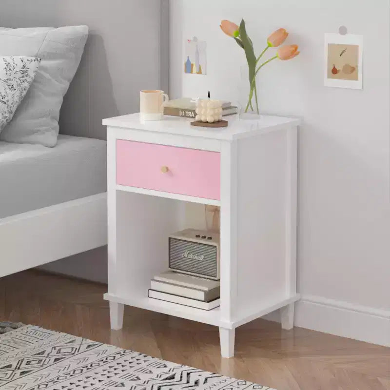 26.77''H Wooden Nightstand with One Drawer One Shelf for Kids, Adults, Pink+Golden handle