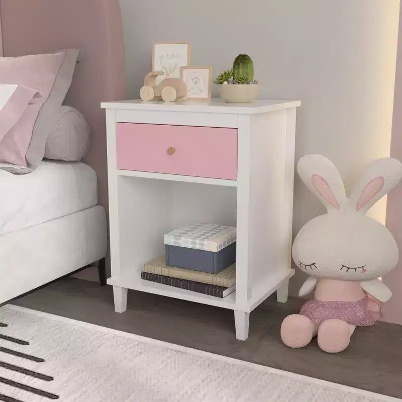 Table de chevet en bois de 26,77 pouces de hauteur avec un tiroir et une étagère pour enfants et adultes, rose + poignée dorée