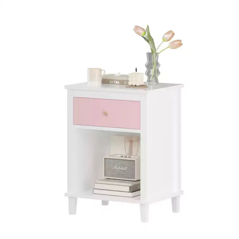 Table de chevet en bois de 26,77 pouces de hauteur avec un tiroir et une étagère pour enfants et adultes, rose + poignée dorée
