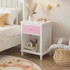 Table de chevet en bois de 26,77 pouces de hauteur avec un tiroir et une étagère pour enfants et adultes, rose + poignée dorée