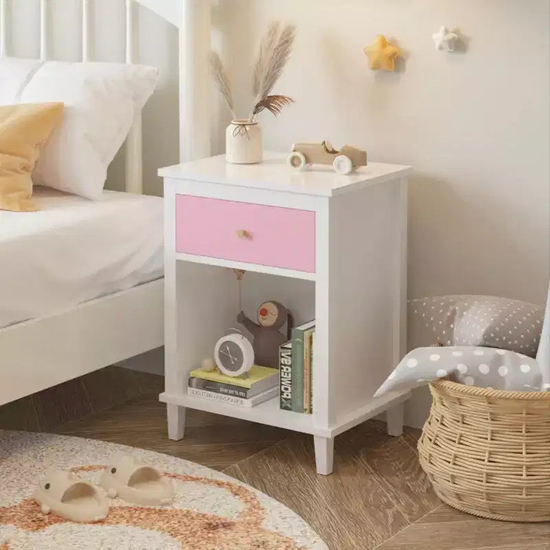 Table de chevet en bois de 26,77 pouces de hauteur avec un tiroir et une étagère pour enfants et adultes, rose + poignée dorée