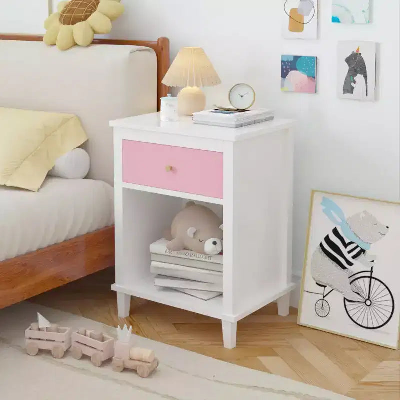 Table de chevet en bois de 26,77 pouces de hauteur avec un tiroir et une étagère pour enfants et adultes, rose + poignée dorée