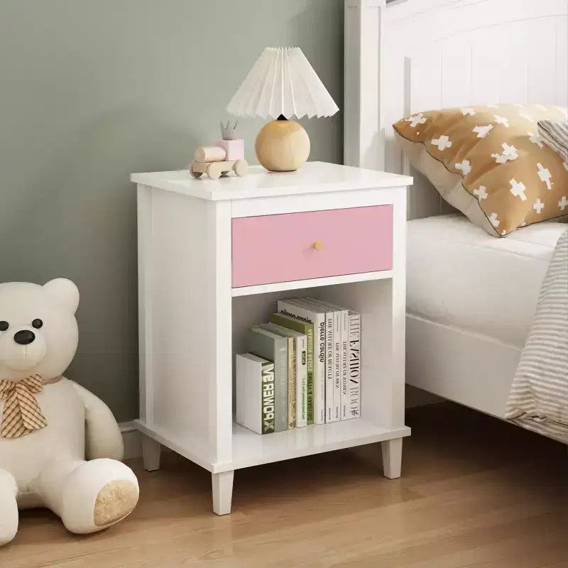 Table de chevet en bois de 26,77 pouces de hauteur avec un tiroir et une étagère pour enfants et adultes, rose + poignée dorée
