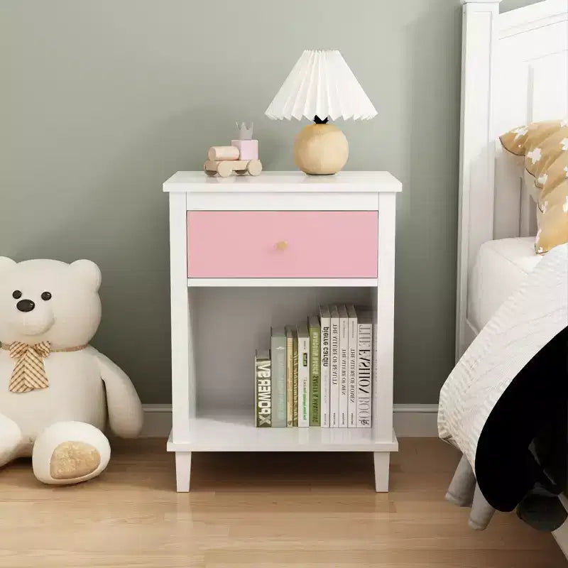 Table de chevet en bois de 26,77 pouces de hauteur avec un tiroir et une étagère pour enfants et adultes, rose + poignée dorée