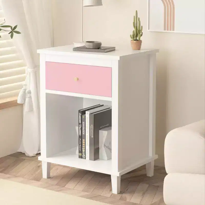 Table de chevet en bois de 26,77 pouces de hauteur avec un tiroir et une étagère pour enfants et adultes, rose + poignée dorée