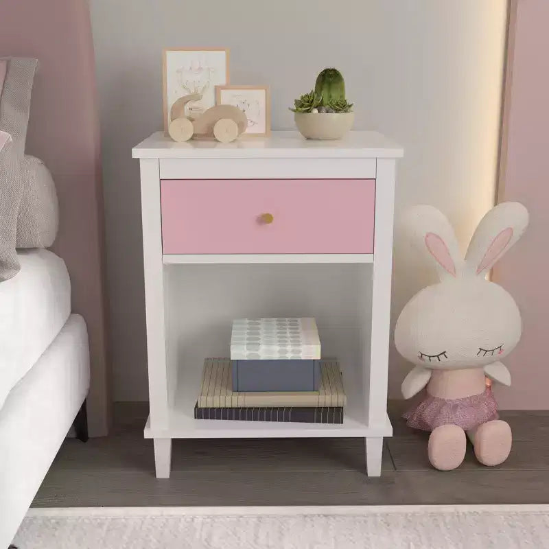 Table de chevet en bois de 26,77 pouces de hauteur avec un tiroir et une étagère pour enfants et adultes, rose + poignée dorée