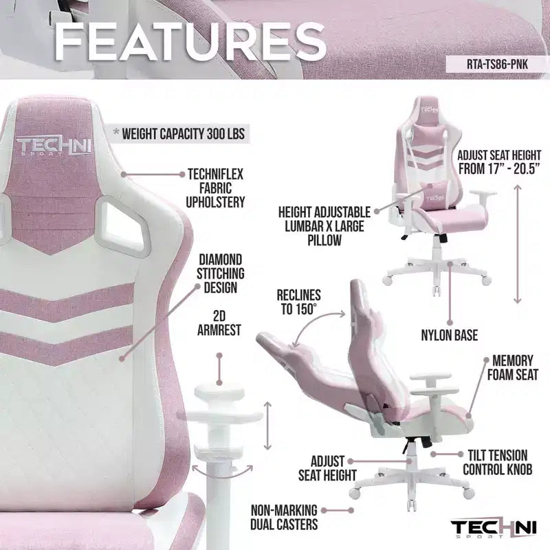 TUYOHW Chaise de jeu pivotante de 136 kg avec hauteur réglable, oreiller lombaire et appui-tête, roulettes, fauteuil de bureau ergonomique pour le bureau et la maison
