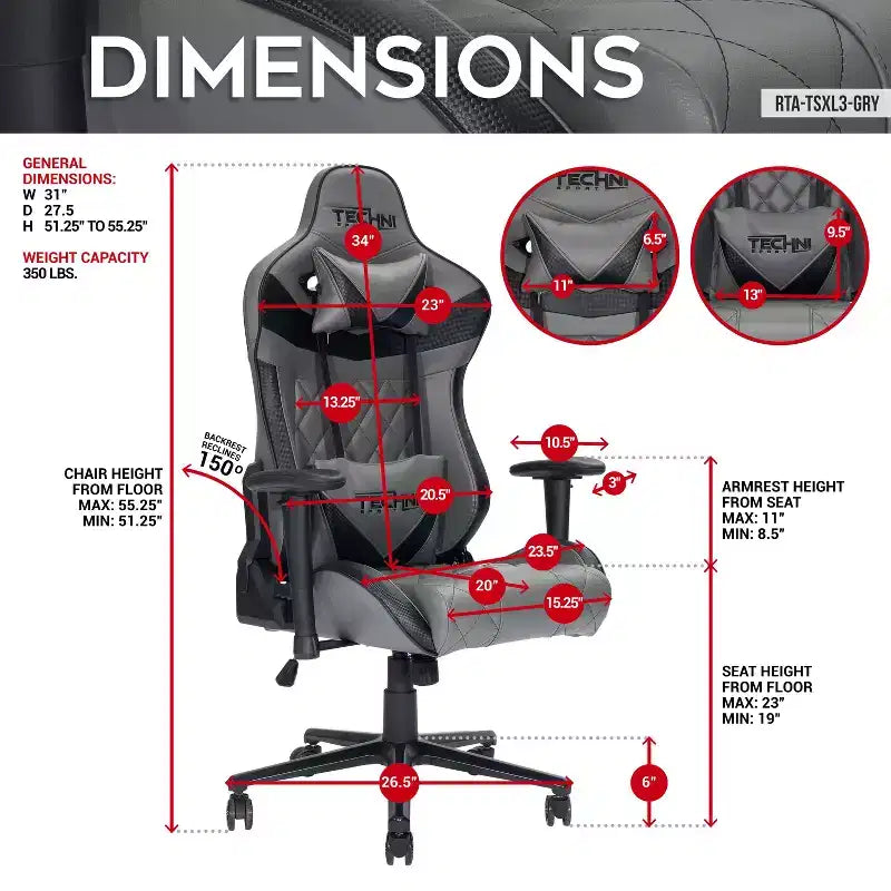 Chaise de jeu ergonomique TUYOHW XL, pivotante à 360°, avec oreillers pour la tête et les lombaires, inclinable de 90 à 150° pour bureau et maison, charge maximale de 158 kg, grise