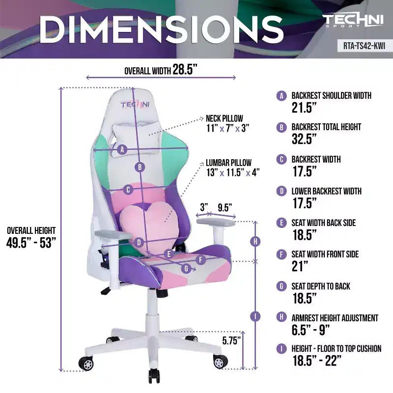 Fauteuils de jeu PC TUYOHW Kawaii avec hauteur réglable, oreiller lombaire tête et cœur, chaise pivotante à 360° pour la maison et le bureau, charge maximale de 113 kg, rose/vert/violet/blanc