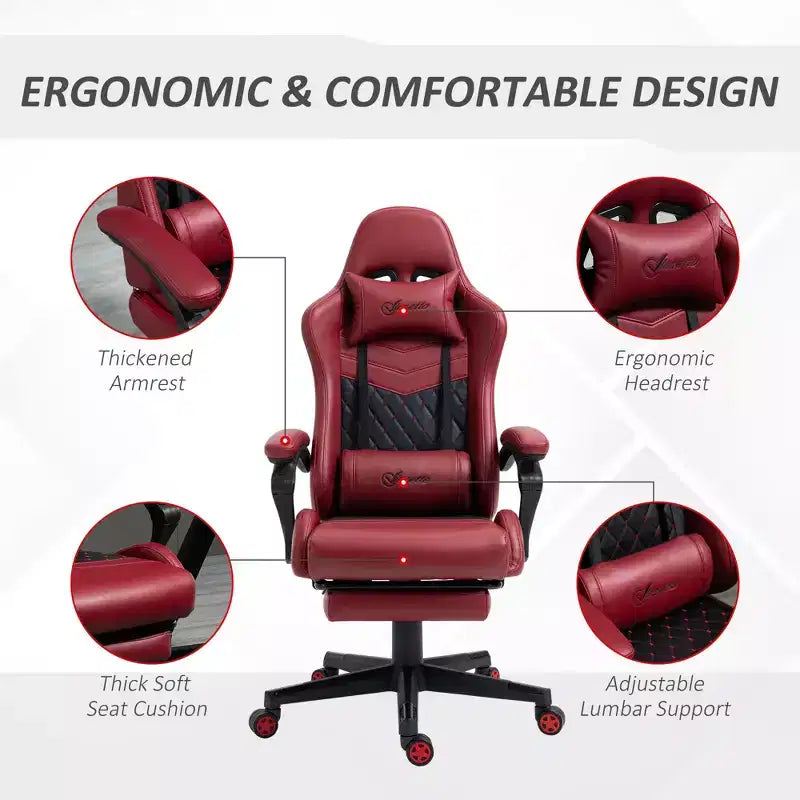 TUYOHW Chaise de Bureau Gaming Pivotante à 360°, avec Dossier Inclinable, Hauteur d'Assise et Repose-Pieds Réglables, Chaise de Bureau Ergonomique pour Jeux Vidéo 17-21, Rouge