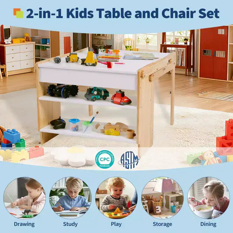 Table d'activités pour enfants avec 2 chaises, ensemble de table d'activités convertible en étagères de rangement, bureau de bricolage pour enfants avec 3 boîtes de rangement