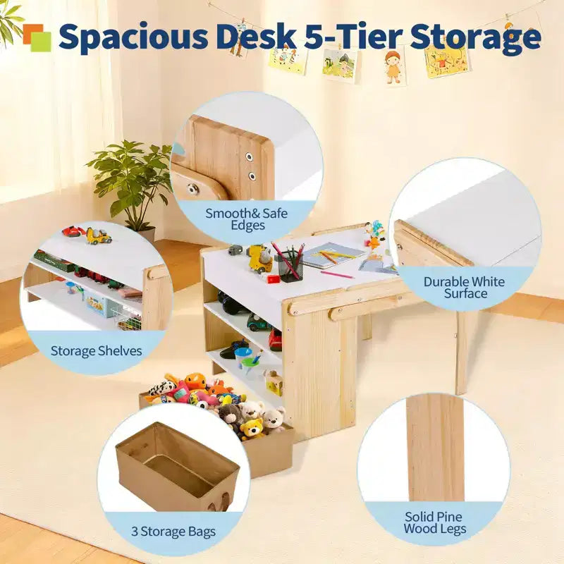 Table d'activités pour enfants avec 2 chaises, ensemble de table d'activités convertible en étagères de rangement, bureau de bricolage pour enfants avec 3 boîtes de rangement
