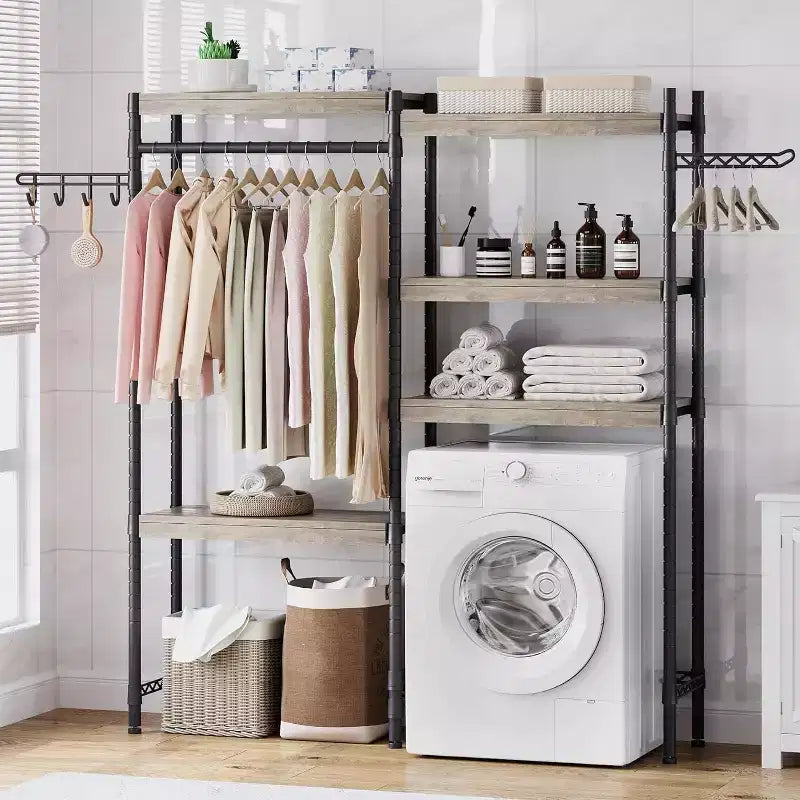 Étagère au-dessus de la laveuse, organisateur de buanderie à 5 niveaux de hauteur réglable avec tringle à vêtements et crochets, étagère de rangement pour sèche-linge