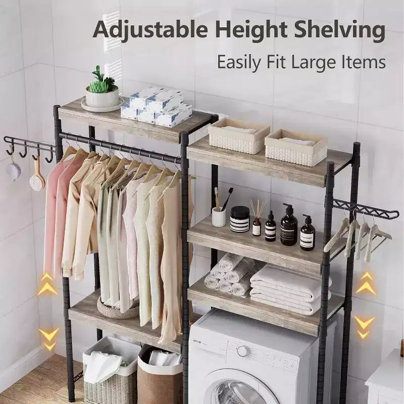Étagère au-dessus de la laveuse, organisateur de buanderie à 5 niveaux de hauteur réglable avec tringle à vêtements et crochets, étagère de rangement pour sèche-linge