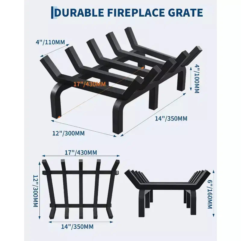 Grille de cheminée, support de bûches en acier 3/4 avec 6 pieds de support et 5 barres, support de bûches pour cheminée, foyer extérieur encastré