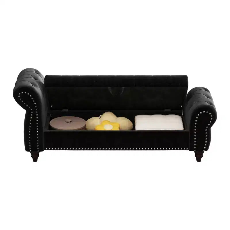 MAYEERTY 64.5 Banc de lit pour chambre à coucher, chaise longue capitonnée avec rangement, revêtement en velours noir