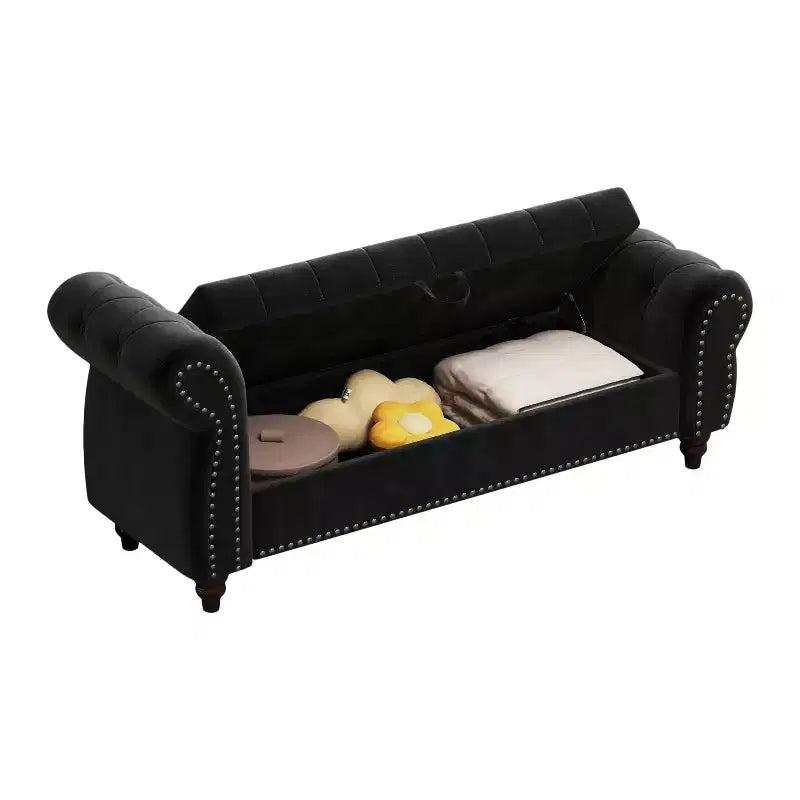 MAYEERTY 64.5 Banc de lit pour chambre à coucher, chaise longue capitonnée avec rangement, revêtement en velours noir