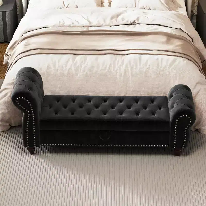 MAYEERTY 64.5 Banc de lit pour chambre à coucher, chaise longue capitonnée avec rangement, revêtement en velours noir