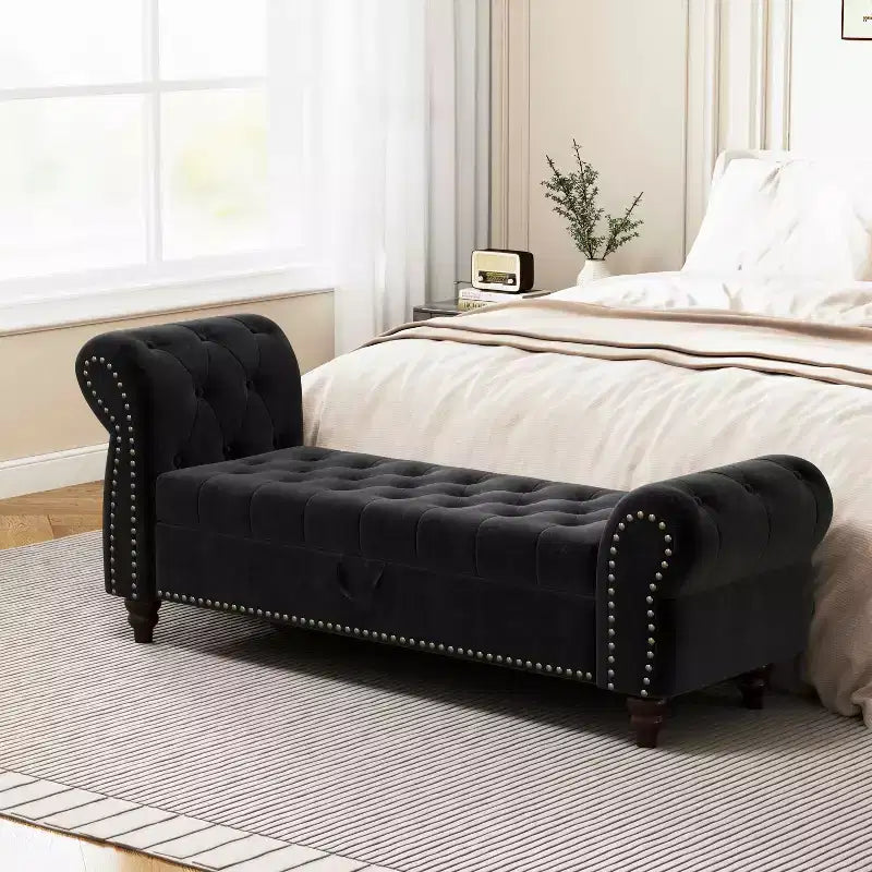MAYEERTY 64.5 Banc de lit pour chambre à coucher, chaise longue capitonnée avec rangement, revêtement en velours noir