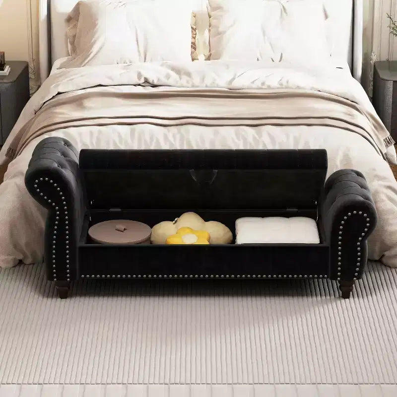 MAYEERTY 64.5 Banc de lit pour chambre à coucher, chaise longue capitonnée avec rangement, revêtement en velours noir