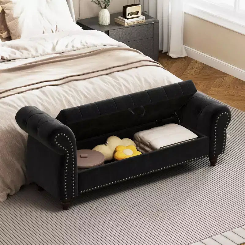 MAYEERTY 64.5 Banc de lit pour chambre à coucher, chaise longue capitonnée avec rangement, revêtement en velours noir