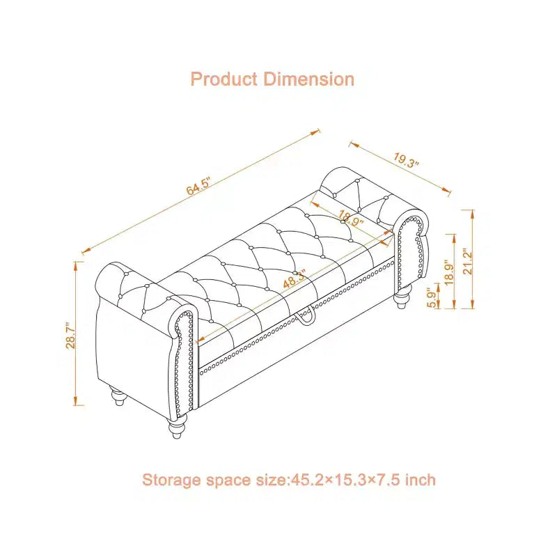 MAYEERTY 64.5 Banc de lit pour chambre à coucher, chaise longue capitonnée avec rangement, revêtement en velours noir