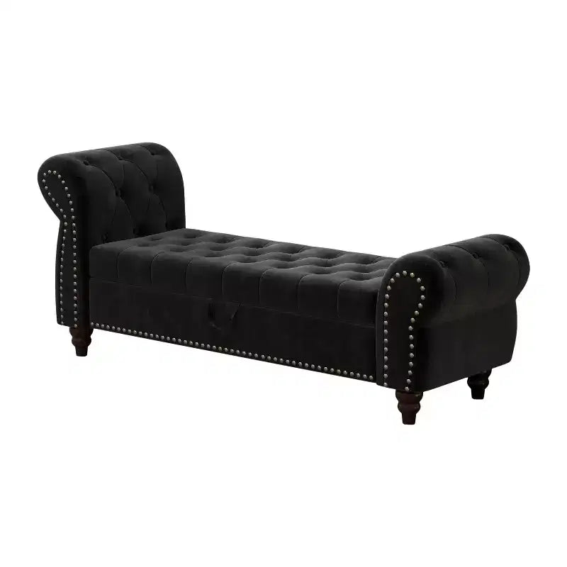 MAYEERTY 64.5 Banc de lit pour chambre à coucher, chaise longue capitonnée avec rangement, revêtement en velours noir