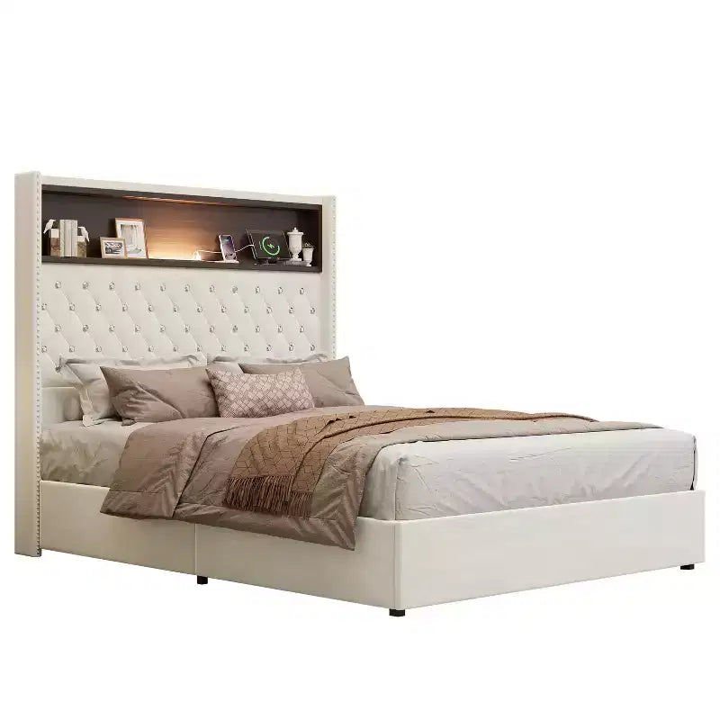 Cadre de lit plateforme capitonné en velours, taille Full/Queen, avec port USB et veilleuse, lit plateforme à dossier incurvé avec tête de lit décorée de rivets et étagère
