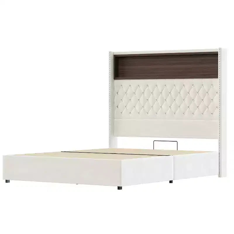 Cadre de lit plateforme capitonné en velours, taille Full/Queen, avec port USB et veilleuse, lit plateforme à dossier incurvé avec tête de lit décorée de rivets et étagère