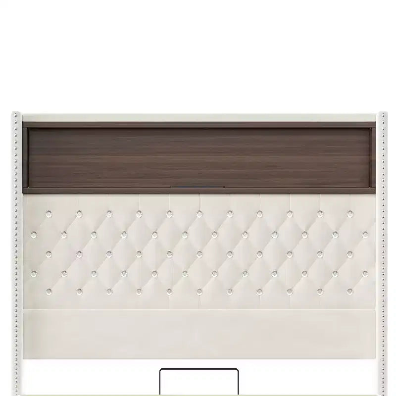 Cadre de lit plateforme capitonné en velours, taille Full/Queen, avec port USB et veilleuse, lit plateforme à dossier incurvé avec tête de lit décorée de rivets et étagère