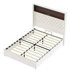 Cadre de lit plateforme capitonné en velours, taille Full/Queen, avec port USB et veilleuse, lit plateforme à dossier incurvé avec tête de lit décorée de rivets et étagère