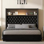 Cadre de lit plateforme capitonné en velours, taille Full/Queen, avec port USB et veilleuse, lit plateforme à dossier incurvé avec tête de lit décorée de rivets et étagère