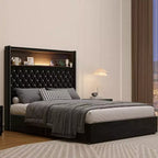 Cadre de lit plateforme capitonné en velours, taille Full/Queen, avec port USB et veilleuse, lit plateforme à dossier incurvé avec tête de lit décorée de rivets et étagère
