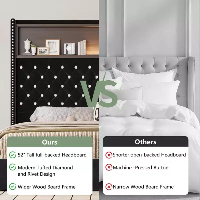 Cadre de lit plateforme capitonné en velours, taille Full/Queen, avec port USB et veilleuse, lit plateforme à dossier incurvé avec tête de lit décorée de rivets et étagère