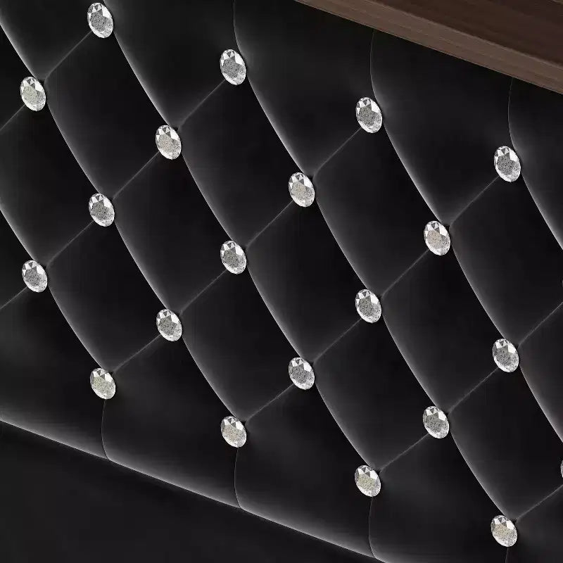 Cadre de lit plateforme capitonné en velours, taille Full/Queen, avec port USB et veilleuse, lit plateforme à dossier incurvé avec tête de lit décorée de rivets et étagère