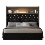 Cadre de lit plateforme capitonné en velours, taille Full/Queen, avec port USB et veilleuse, lit plateforme à dossier incurvé avec tête de lit décorée de rivets et étagère